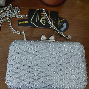 Silver Rhinestone Evening Clutch with Chain Strap